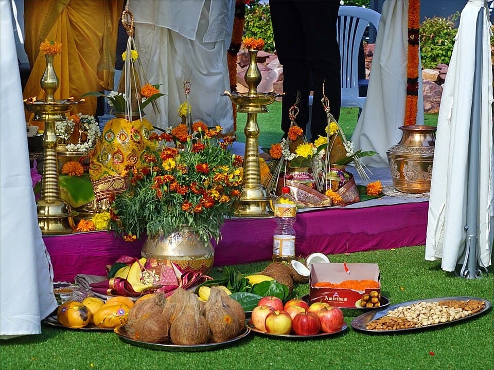 Ritual puja and sacrifice offerings laid out for a Hindu wedding